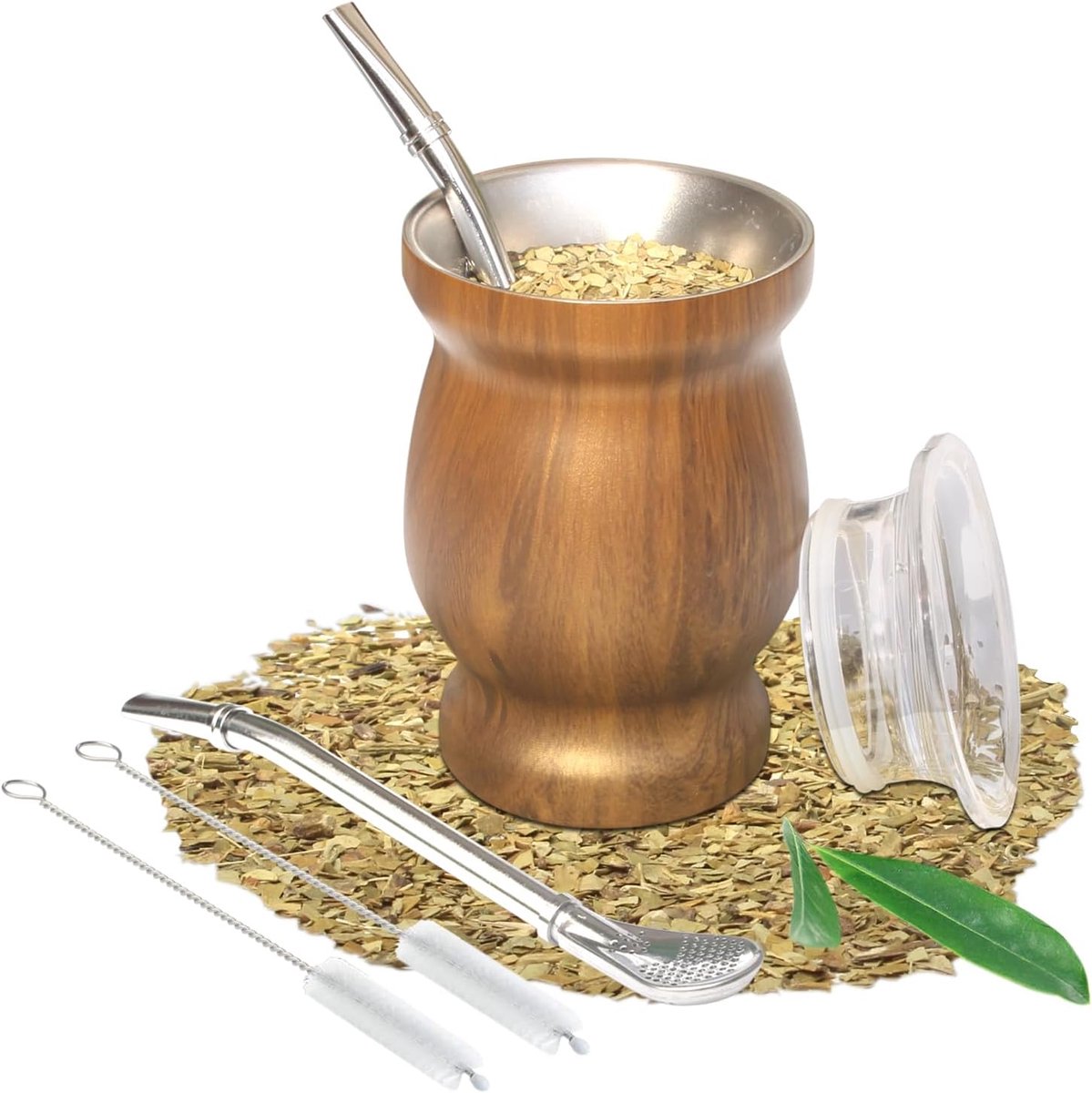 Bombilla Yerba Mate Kalebas, 237 ml (8 oz) roestvrijstalen theekopset met multifunctioneel deksel, twee rietjes en reinigingsborstels, dubbelwandige koffiemok warmte-isolatie anti-verbranding