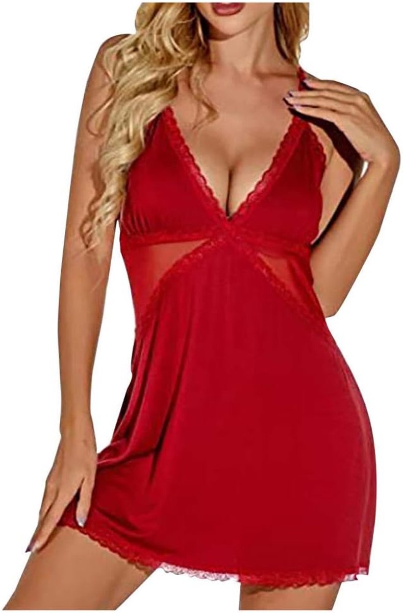 Dames Sexy Ondergoed Erotische Lingerie Verleiding V-hals Ruglooze Nachtkleding Hol Kant Kostuum-Red_L