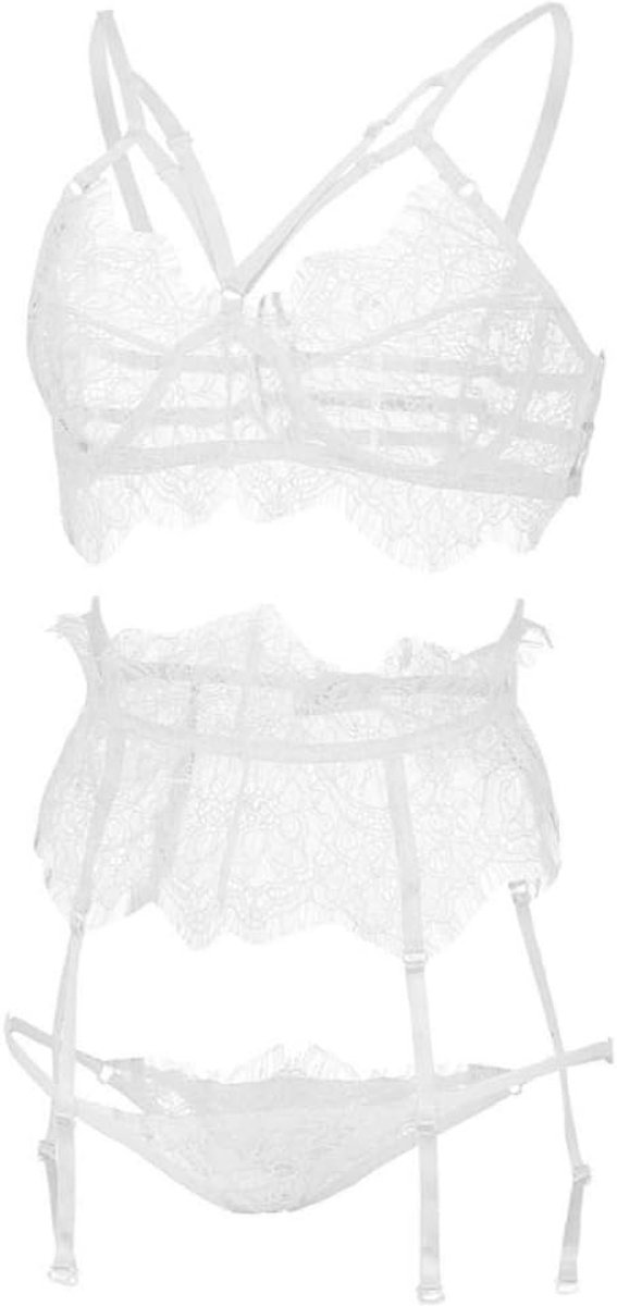 Dames Erotische Lingerie Porno Nachtkleding Vrouwen Sexy Lingerie Ondergoed Verleiding Beha String Kousenband Kostuum-White_M