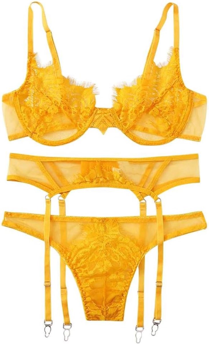 Dameskleding Dames sexy lingerie uitgehold ondergoed erotische bh G-string kousenband nachtkleding doorzien kanten kostuum set