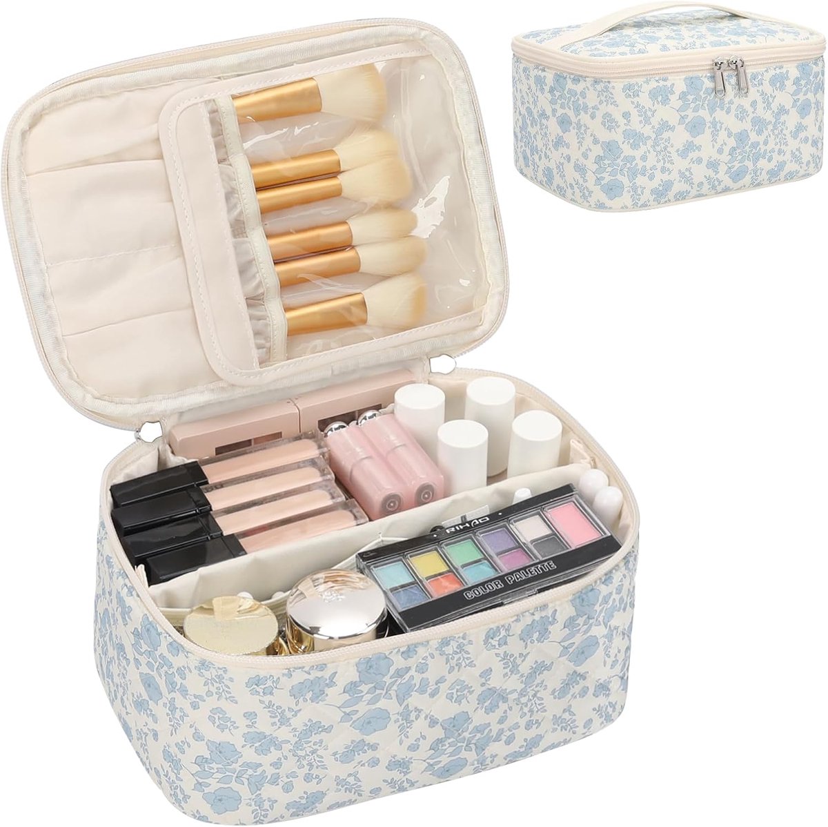 Draagbare Cosmetische Tas Reizen Make-up Case Organizer Grote Capaciteit Zwart Vrouwen Toilettas voor Meisjes Reizen Met Handvat en Distributie Reizen, A-blauwe bloemenprint