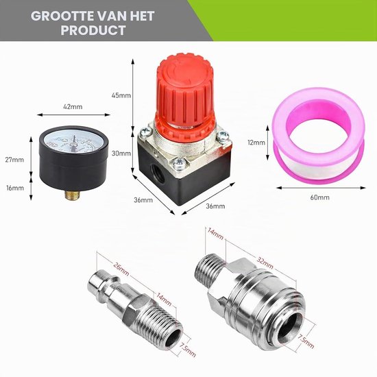 Drukregelaar 1/2" 1/4" luchtcompressor accessoires met 3M teflonband drukschakelventiel 120 PSI manometer EU standaard — afbeelding 2