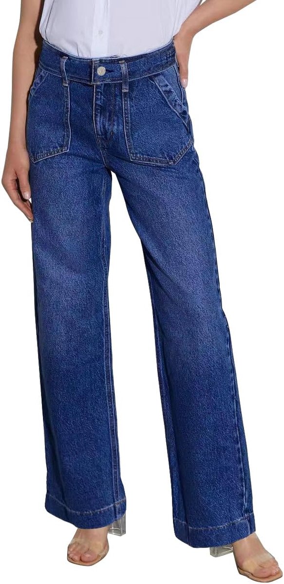 Damesmode veelzijdige retro wijde pijpen broek herfst en winter mode jeans elegant dragen rechte broek, blauw, L