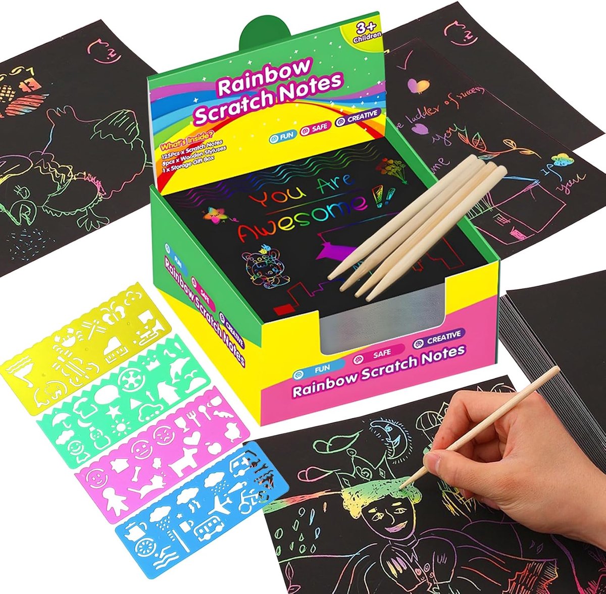 200 Stuks Scratch Art Kinderset, Vellen Regenboogkraspapier Met 4 Houten Stiften en 4 Kleurstencils Voor Kinderen Krasplaatjesset Voor Tekenen en Knutselen Diy Leuke Spelletjes (8,5 * 8,5 Cm)