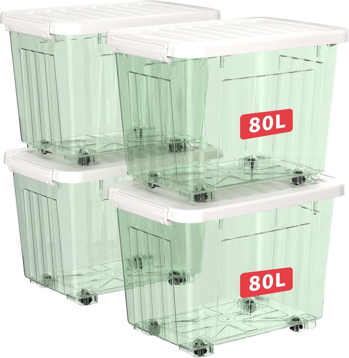 80L x 4 plastic opbergdozen met wielen, opbergdoos met deksel en veilige zijvergrendelingen, PP nestbare en stapelbare doorzichtige organizer voor thuis, kantoor, verhuizen, transparant groen