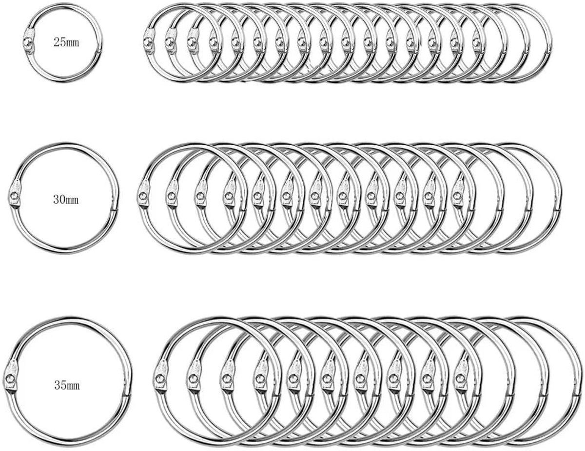 100 stuks (30 x 35 mm, 30 x 25 mm, 50 x 20 mm) metaal, duurzaam, roestvrij, O-type, voor losbladige bindmiddelen, indexringen, gordijnring, sleutelhanger