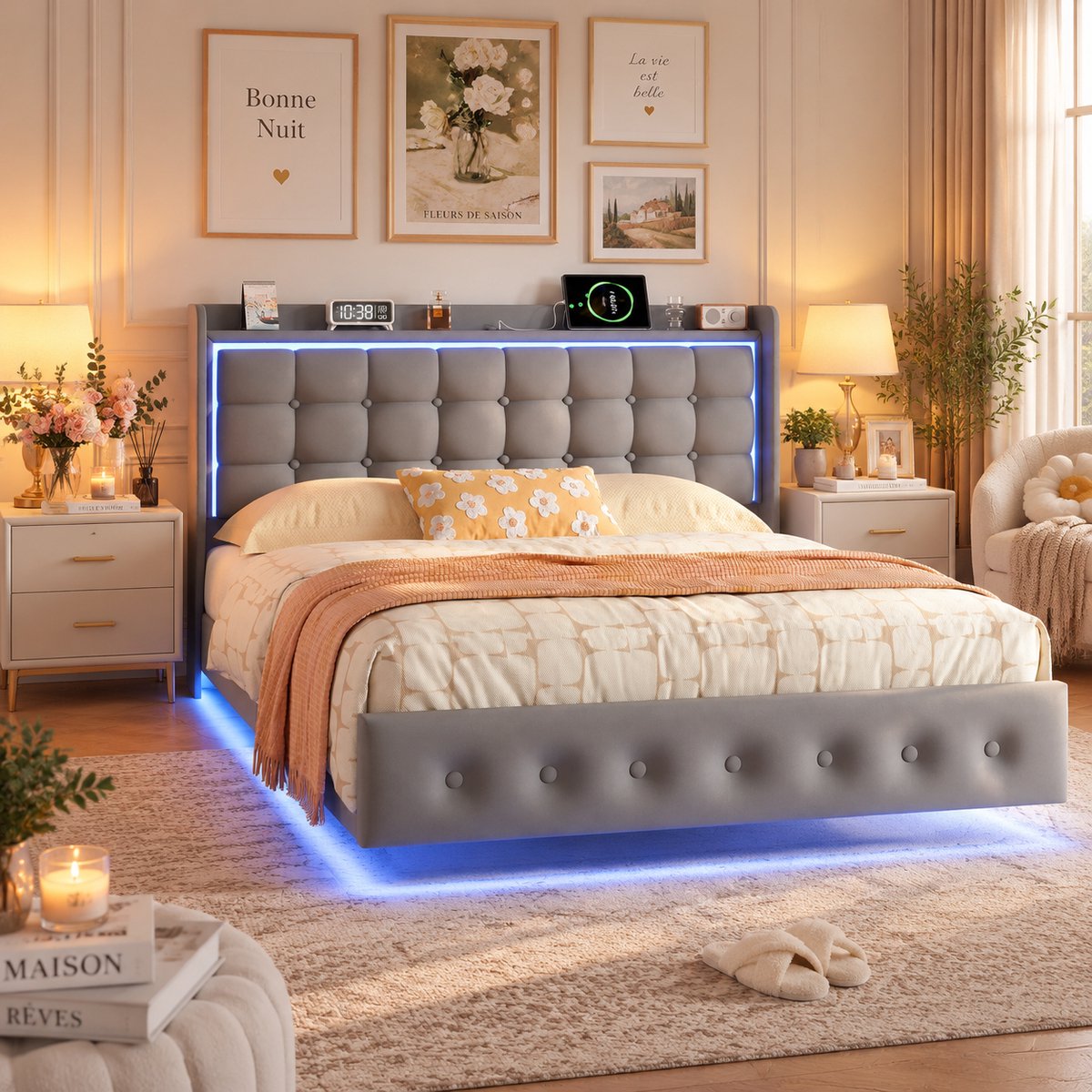MEXUS Gestoffeerd Tweepersoonsbed 160x200 cm met led- en usb-aansluiting, bedframe 160x200 met lattenbodem, zwevend bed 160x200 met gestoffeerd hoofdbord, bed voor volwassenen en tieners, fluweel donkerGrijs