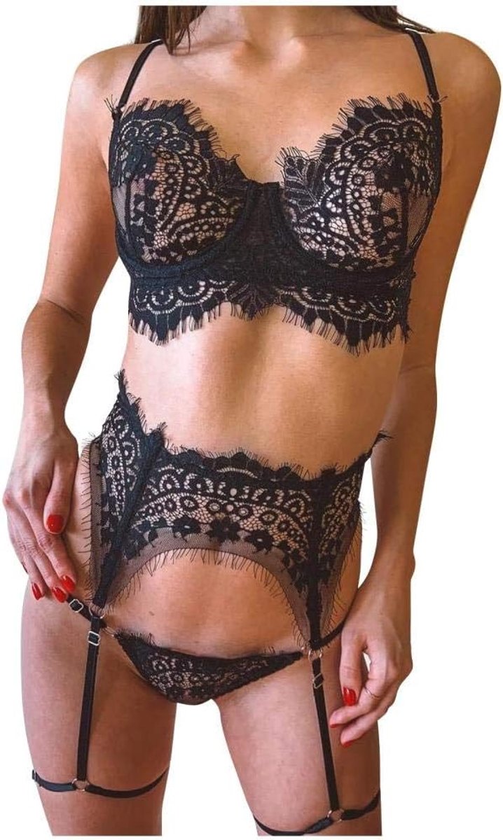 Kleding Vrouwen Ondergoed Transparante Kanten Beha Kousenband String Sexy Kostuum Set