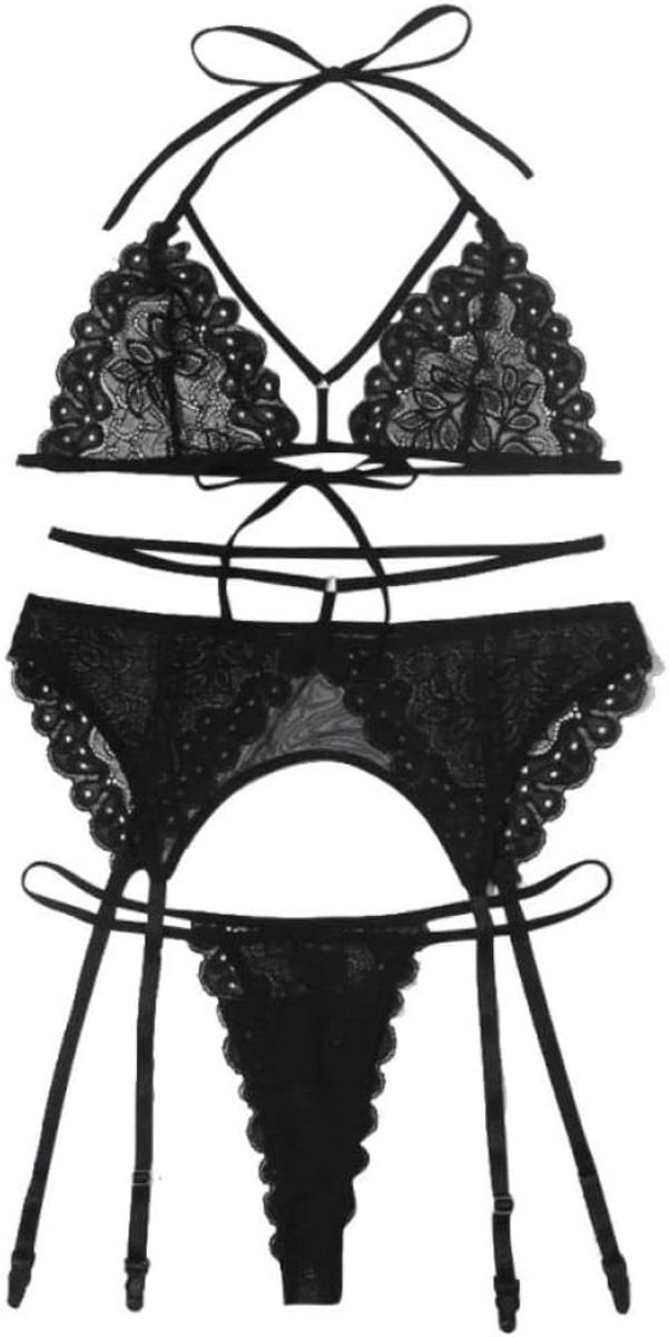 Dameskleding Vrouwen Sexy Erotische Lingerie Plus Size Halter Ondergoed Kanten Beha G-String Nachtkleding Perspectief Costume-Black_XL