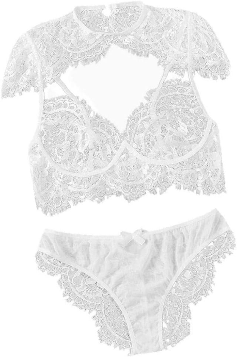Lingerie & ondergoed Dames Lingerie Draadloze Beha Slips Kant Sexy Ondergoed Hol Doorzichtig Kostuum-White_L