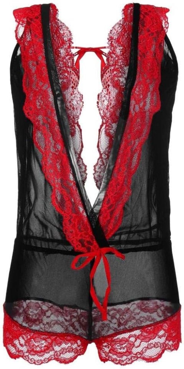 Lingerie Kostuum Dames Uitgehold Kant Nachtkleding Sexy Diepe V Backless Kostuum Ondergoed-Black_XXL