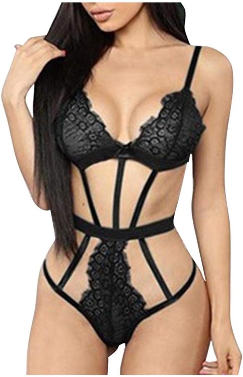 Dameskostuums Vrouwen Mesh Kanten Kousenband Sexy Lingerie V-hals Hol Erotisch Ondergoed-Negro_XL