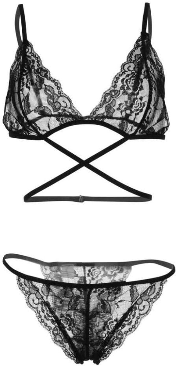 Babydolls, nachtjaponnen & negligés dames Sensueel ondergoed Dames Bandage Kanten Beha String Ondergoed Lingerie-black_3XL