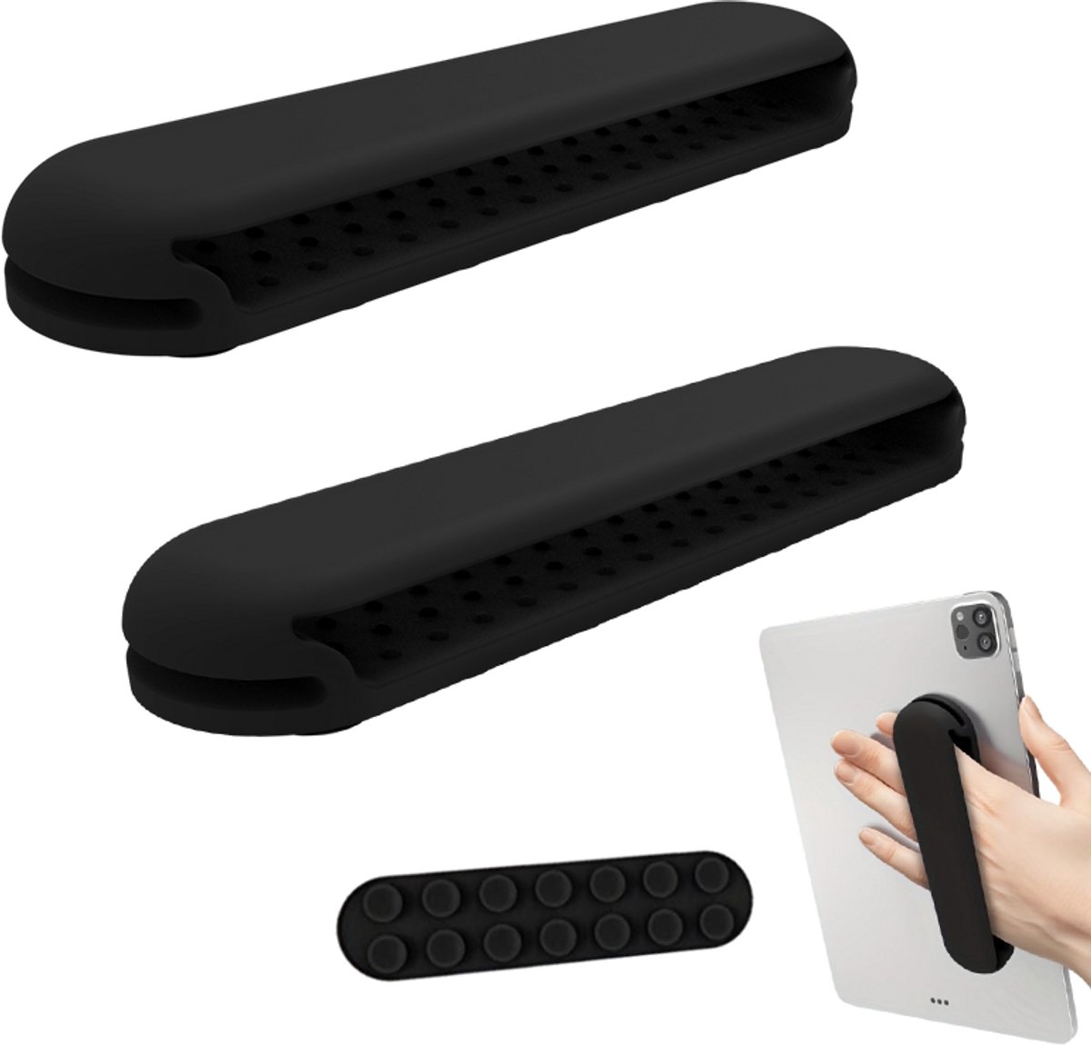 2 stuks - tablet handgreep - ereader handhouder - tablet handstrap - Lichtgewicht vingergreephouder - zuignap - herbruikbaar - eenhandig gebruik - 14,5 cmx1,75 cm - zwart - voor tablet en e-reader