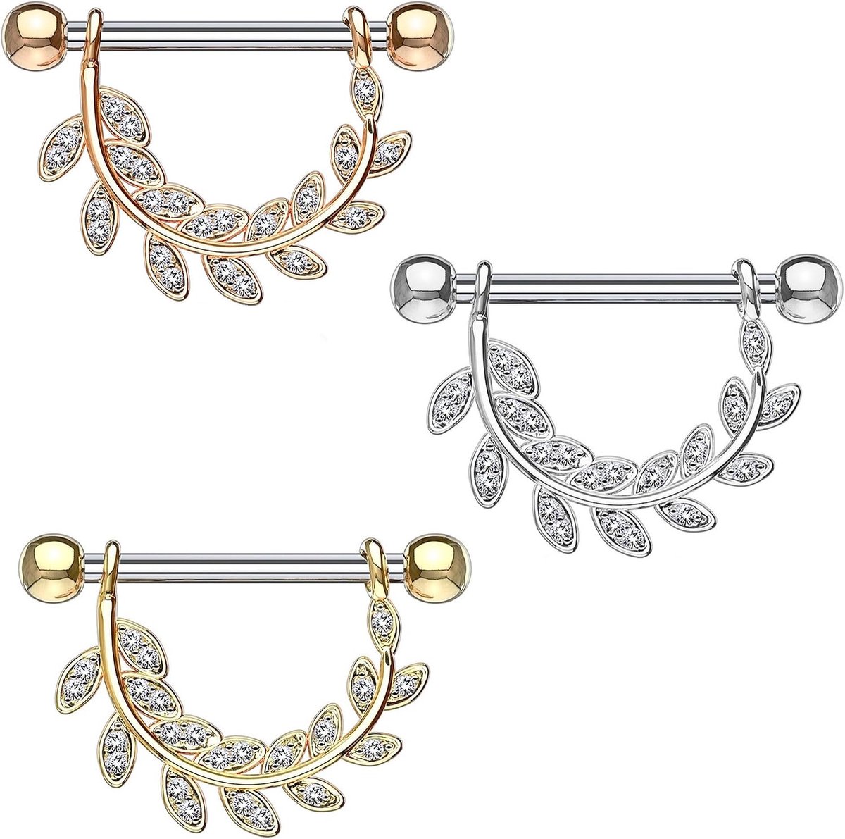 Tepelpiercing met zirkonia bezette bladeren, tepelpiercing, roestvrij staal, helder goud, zilver, roségoud, 1,6 mm, 14 mm, Roestvrij staal, Zirkonia