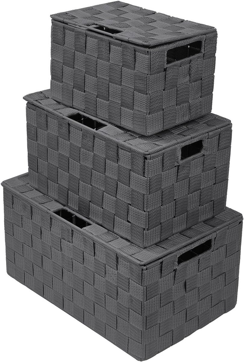 Opbergdoos Geweven mand Bin Container Tote Cube Organizer Set Stapelbare Opbergmand Geweven Riem Plank Organizer Ingebouwde Draaggrepen (Dekbakken - 3 Pack, Grijs)