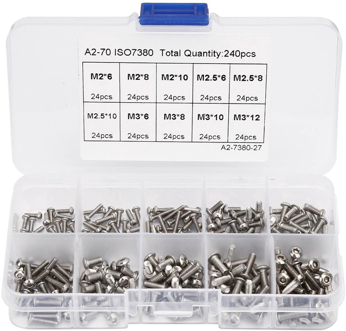 240 stuks M2, M2.5, M3 zeskantschroef roestvrij staal knop kop zeskantmoer set assortiment kit met kunststof opbergdoos