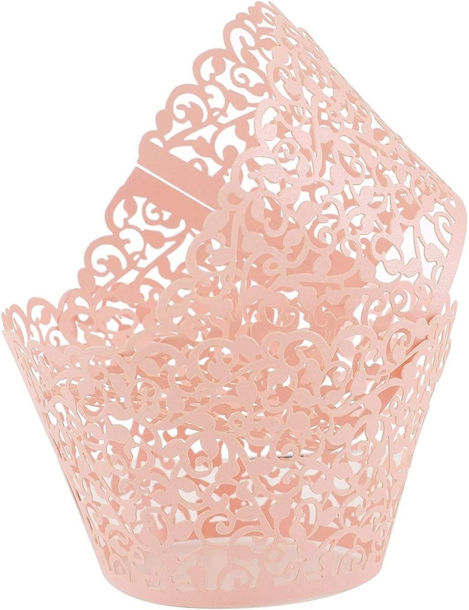 Wrappers 50 stks/pak Kant Cupcake Liners Laser Cut Cupcake Papieren Cupcake Muffin Cups voor Bruiloft/Verjaardagsfeestje Decoratie (Roze)