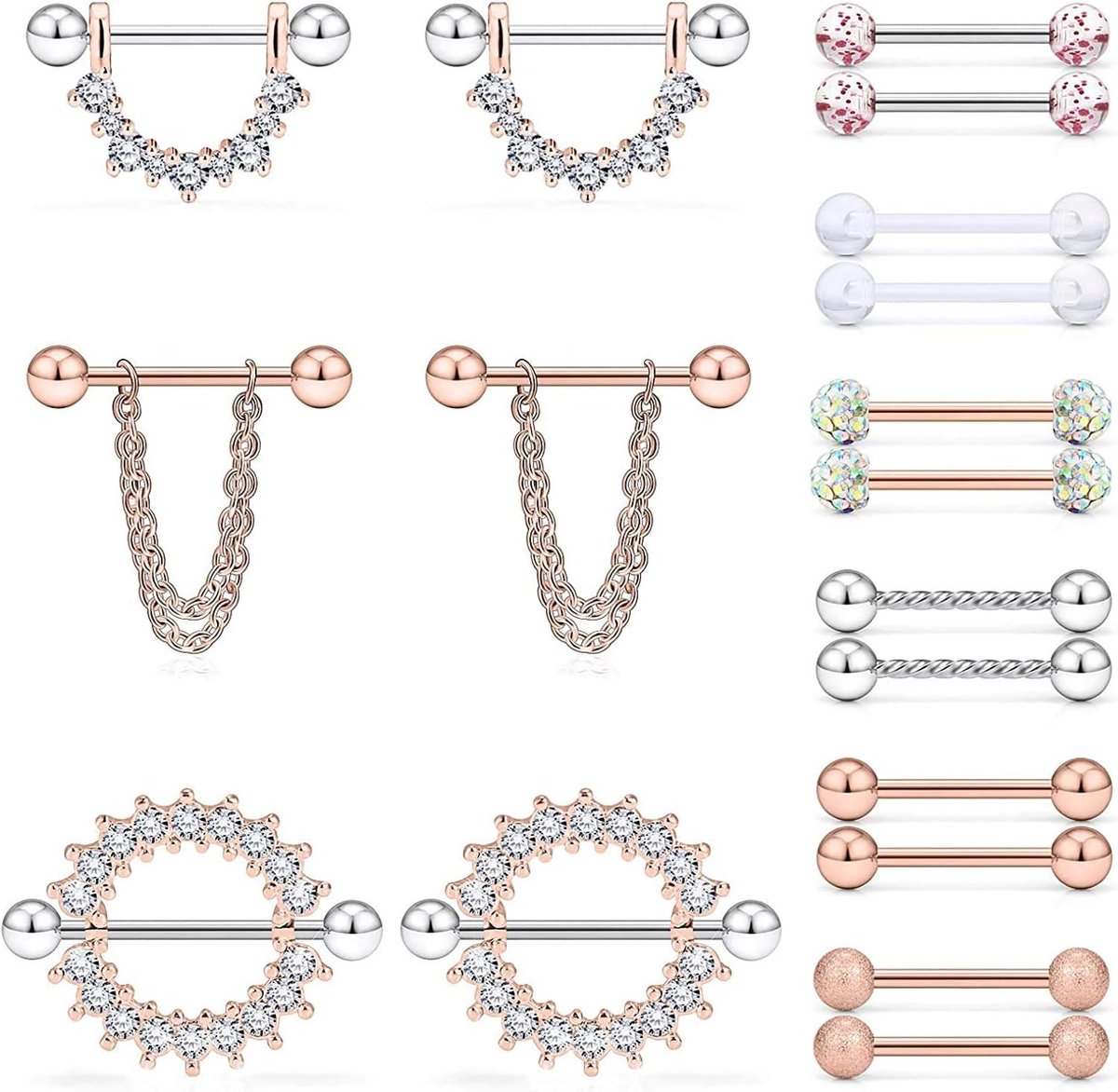 14G chirurgisch staal helder CZ tepelpiercing hanger ketting tong piercing lichaam sieraden voor vrouwen mannen 18 stuks roségoud