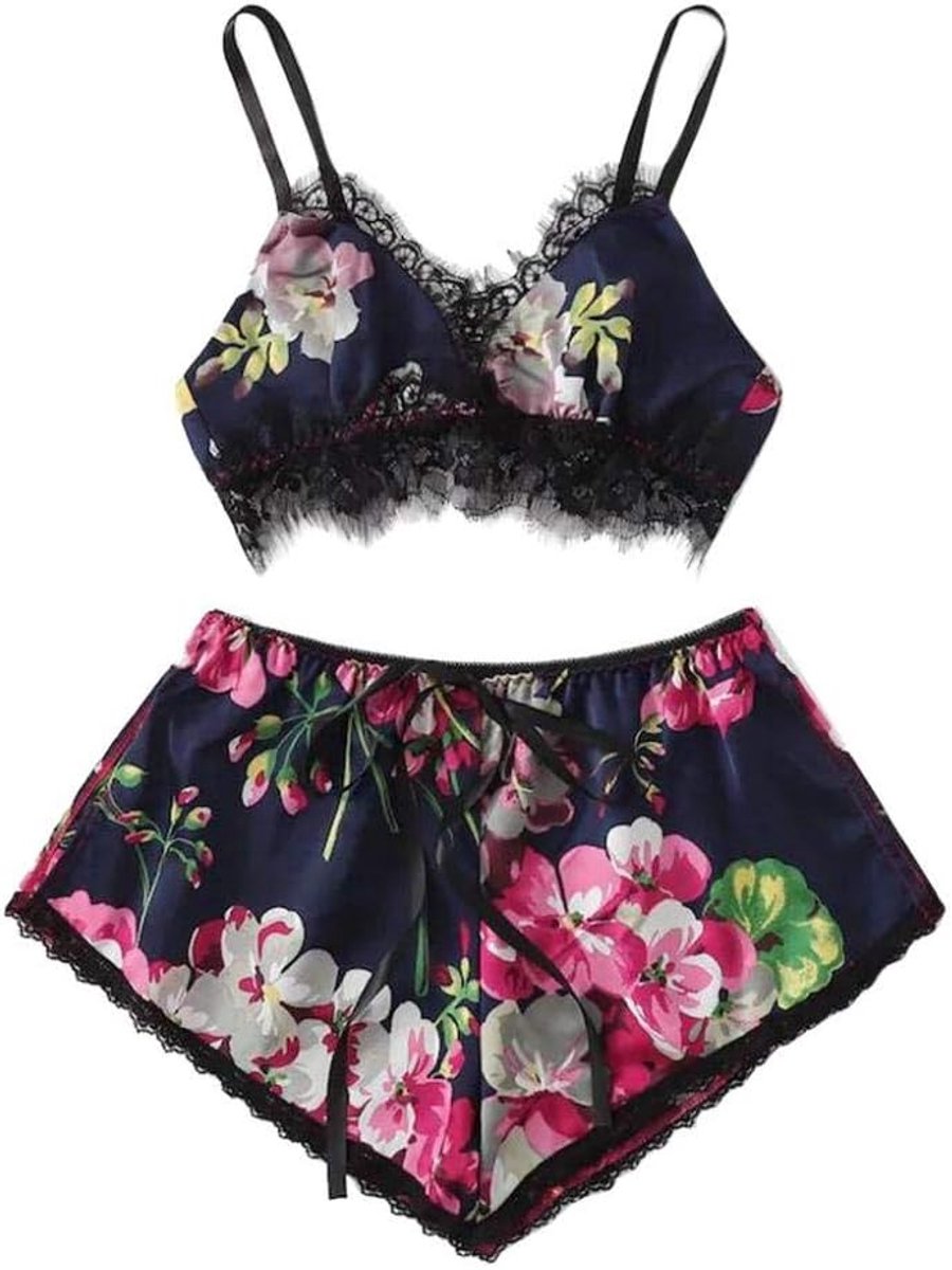 Sexy kanten nachthemd bretels sexy lingerie vrouwen petticoat lingerie pyjamaSexy kanten satijnen rand Floral Bow Lingerie set pyjama's Nachtkleding kanten lingerie set lungerie sexy-Black_L