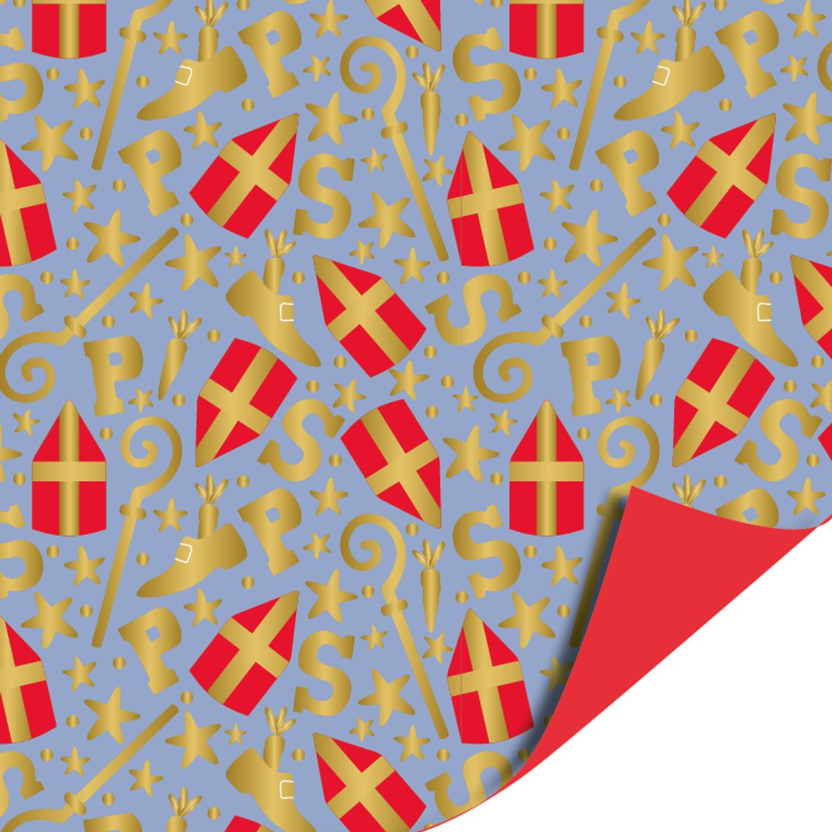 Het Inpakhuis - Cadeaupapier - Inpakpapier - Kadopapier - Sinterklaas - Pakjesavond - Mijter Feest - Lichtblauw - Piet - Schoencadeau - 50cm x 3mtr