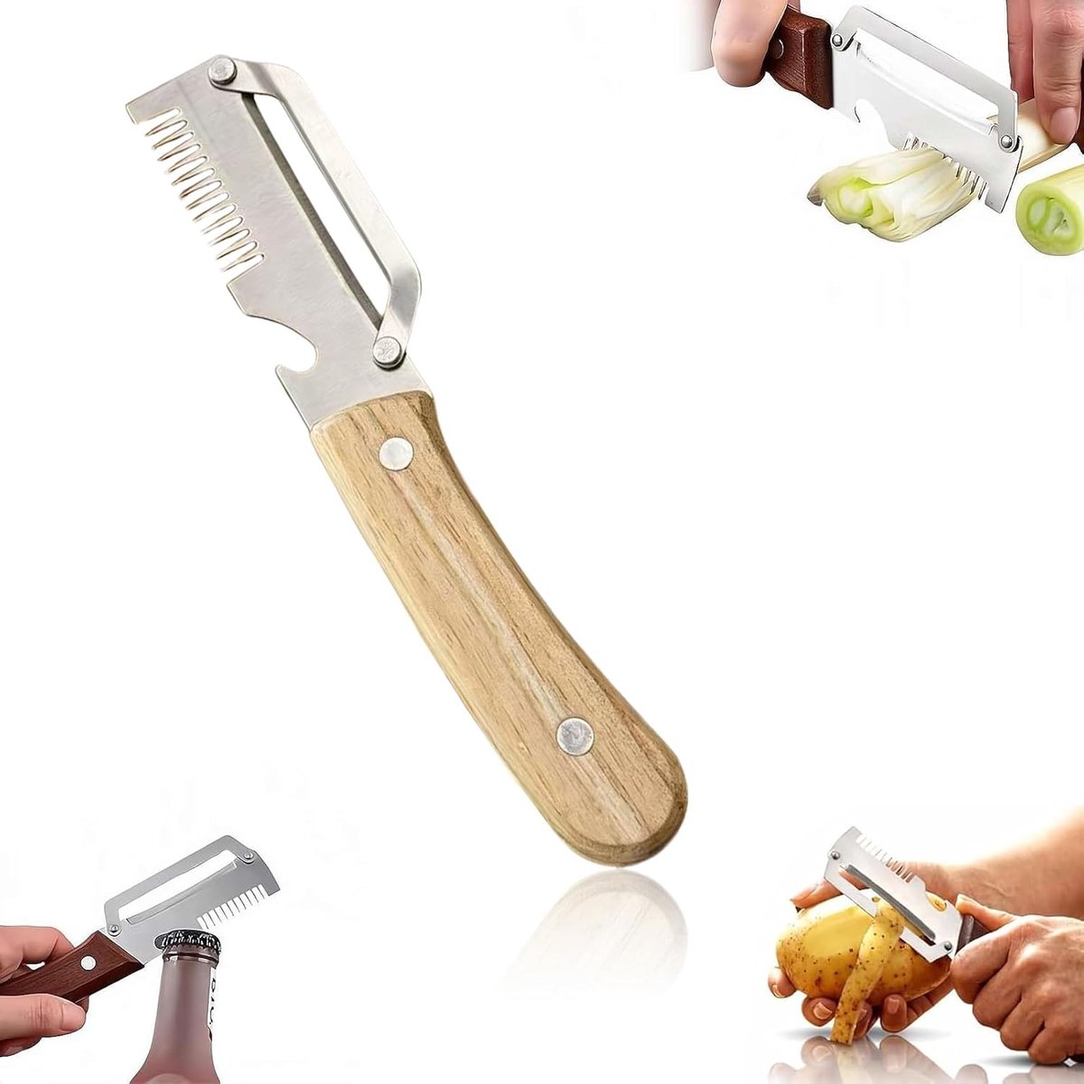 Groenteschiller met houten handvat, 2-in-1 roestvrijstalen dunschiller voor de keuken, dunschiller en stripsnijder voor fruit, groenten en lenteuien, professionele