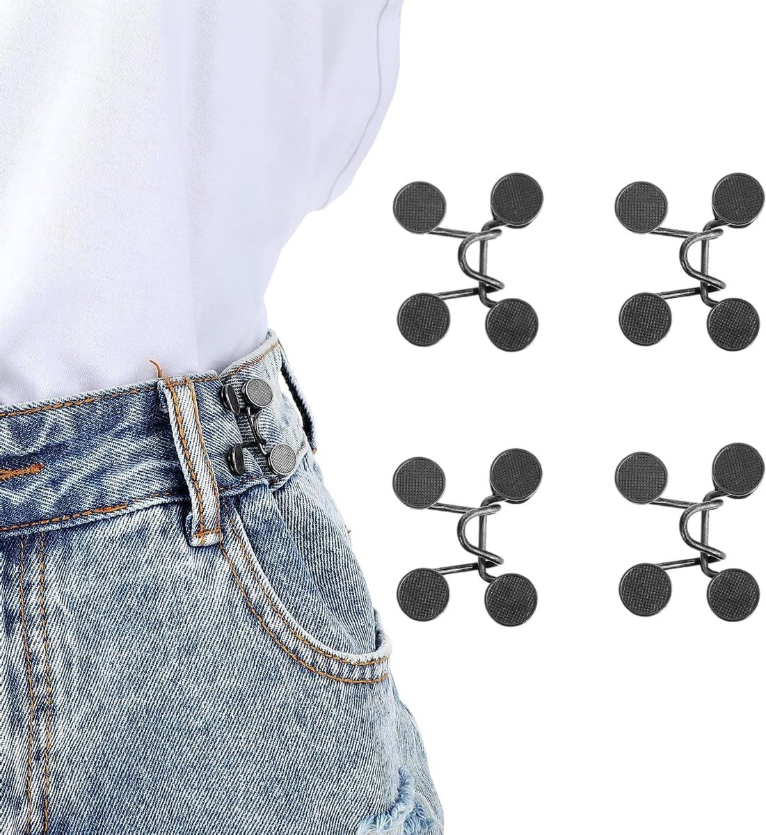 Jeans met smalle taille, 4 sets met jeansknopen, veters, verstelbare gesp, tailleverlenging, clip voor het aantrekken van broeken voor broeken, rokken