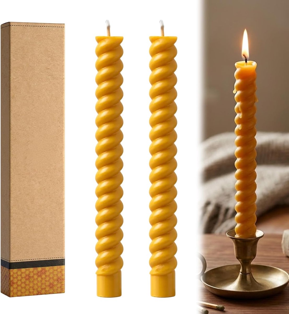 2 stuks bijenwaskaarsen, bijenwaskaarsen, staafkaarsen, honinggeurend, natuurlijk, duurzaam, lang brandende bijenwaskaarsen voor elke gelegenheid