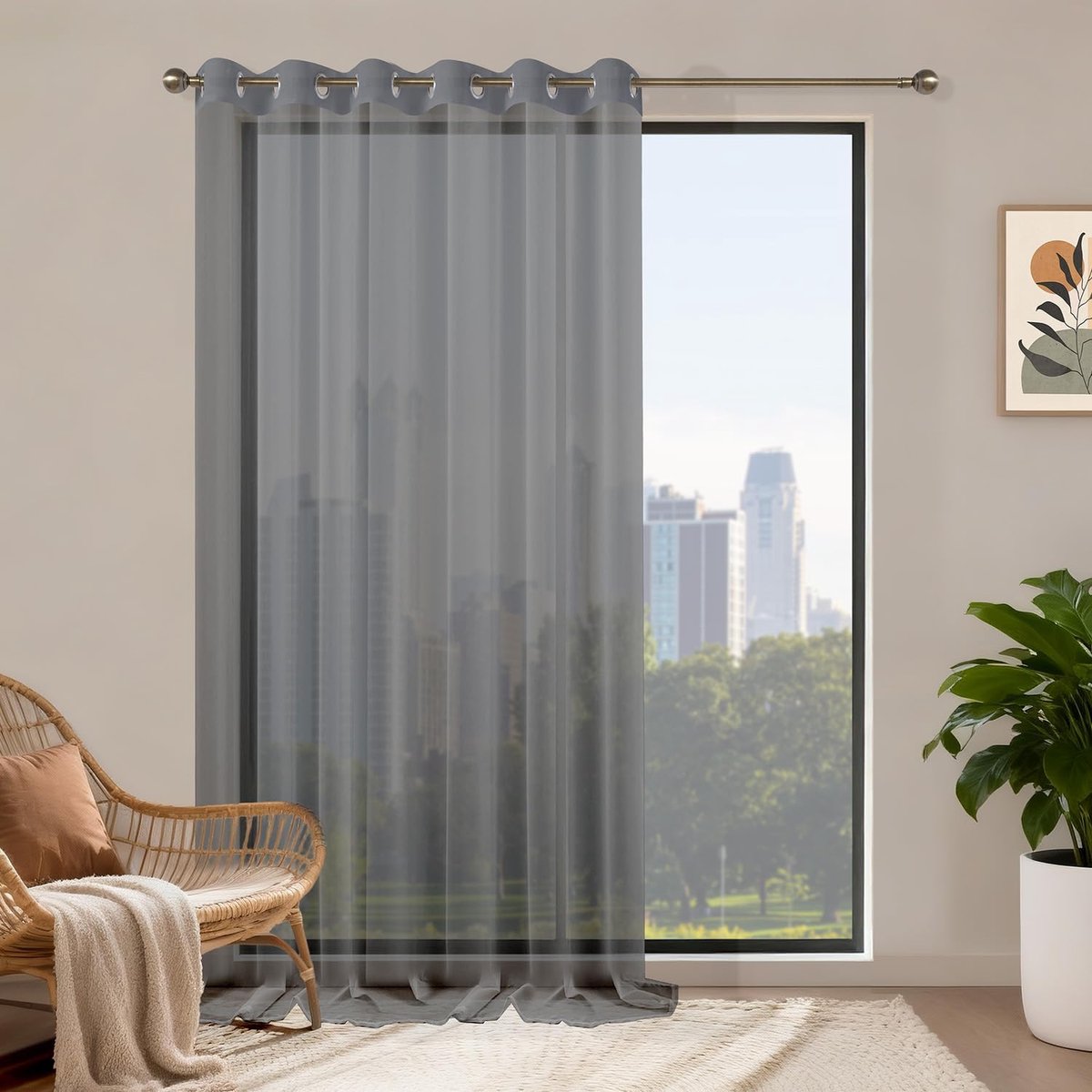 Gordijnen met ringen 1-delig, H 245 x B 200 cm, donkergrijs transparant, doorzichtige witte gordijnen, gordijn met ringen, kort, schlaufenschal voor slaapkamer, woonkamer, keuken