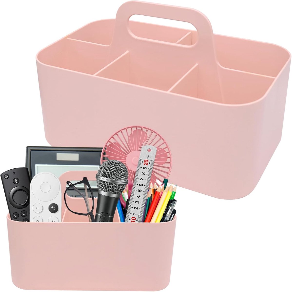Lade-organizer met handgreep, multifunctionele kunststof mand met 5 vakken, afneembare reinigingsmand, stapelbare bureaumand voor kunst, make-up en kantoorbenodigdheden, roze