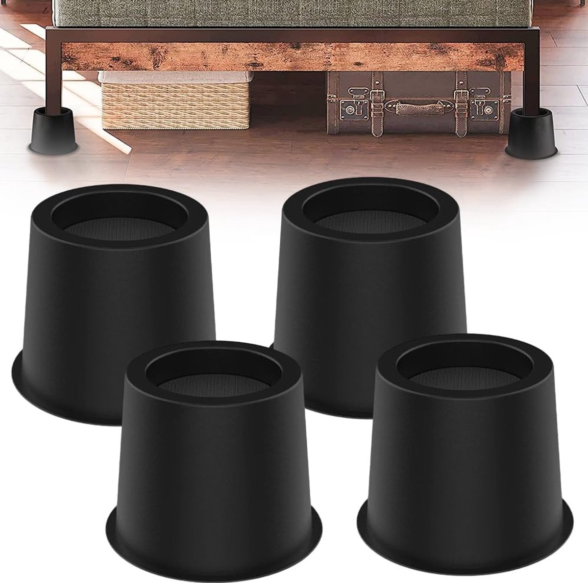 4 stuks meubelverhoger 10 cm, ronde bedverhoger & tafelverhoger van stevig kunststof, voor bed, sofa, bureau, stoel, olifantenvoet vloerbescherming & extra opbergruimte, zwart