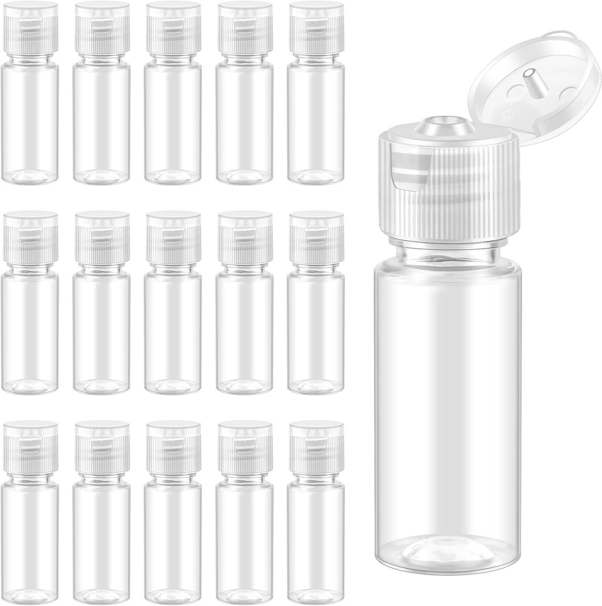 15 stuks 15 ml/0,5 oz doorzichtige plastic kleine reisflessen voor toiletartikelen, mini navulbare cosmetische monstercontainers met filp dop voor shampoo lotion foundation etherische oliën