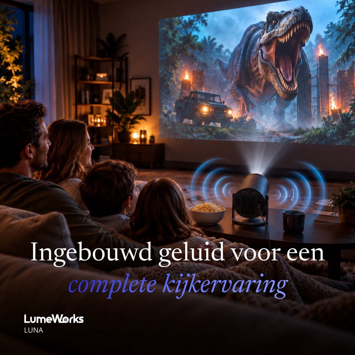 LumeWorks Luna Mini Beamer 2026 - 4K Support - Smart Projector met Android 14 - WiFi 6 & Bluetooth - Home Cinema - Draagbaar - Streamen vanaf Telefoon - Zwart thumbnail 3