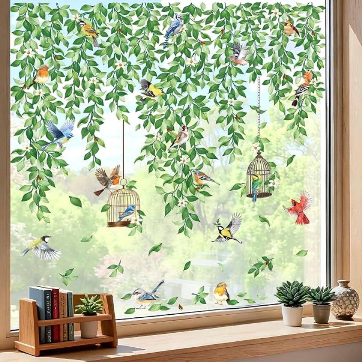 Raamsticker Lente Hangende Wijnstok Bloemen Groene Bladeren Vogels Dubbelzijdig Anti-Collision Voor Raam Glas Spiegel 8 Vellen 21x30 cm