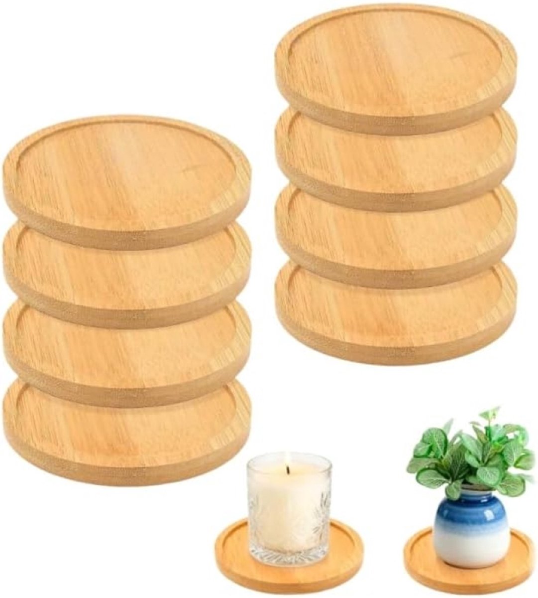 8 onderzetters van hout, rond, 9,5 cm, natuurlijk, kaars, tafeldecoratie