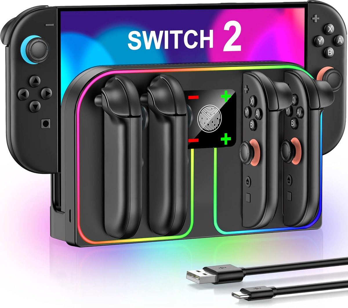 HELLCOOL Switch 2 Controller Charging Station, 2.5 Hours Fast Charge/LED Charging Indicator/Cool RGB Light, 4 x Switch - ShopVlot