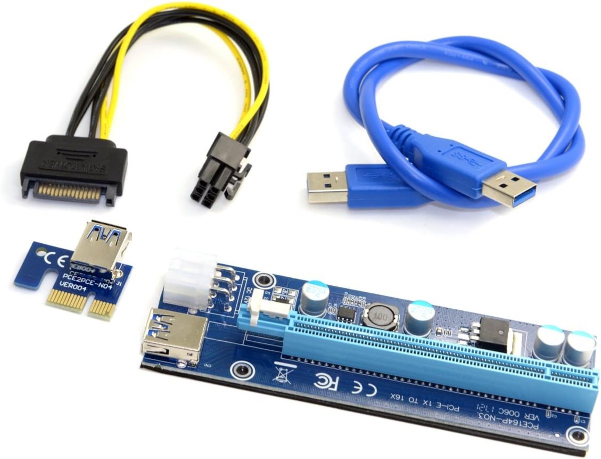 Cablecc PCI-E 1x to 16x Mining Machine Upgraded Extender Riser Adapter with USB 3.0 & SATA Power Cable - ShopVlot