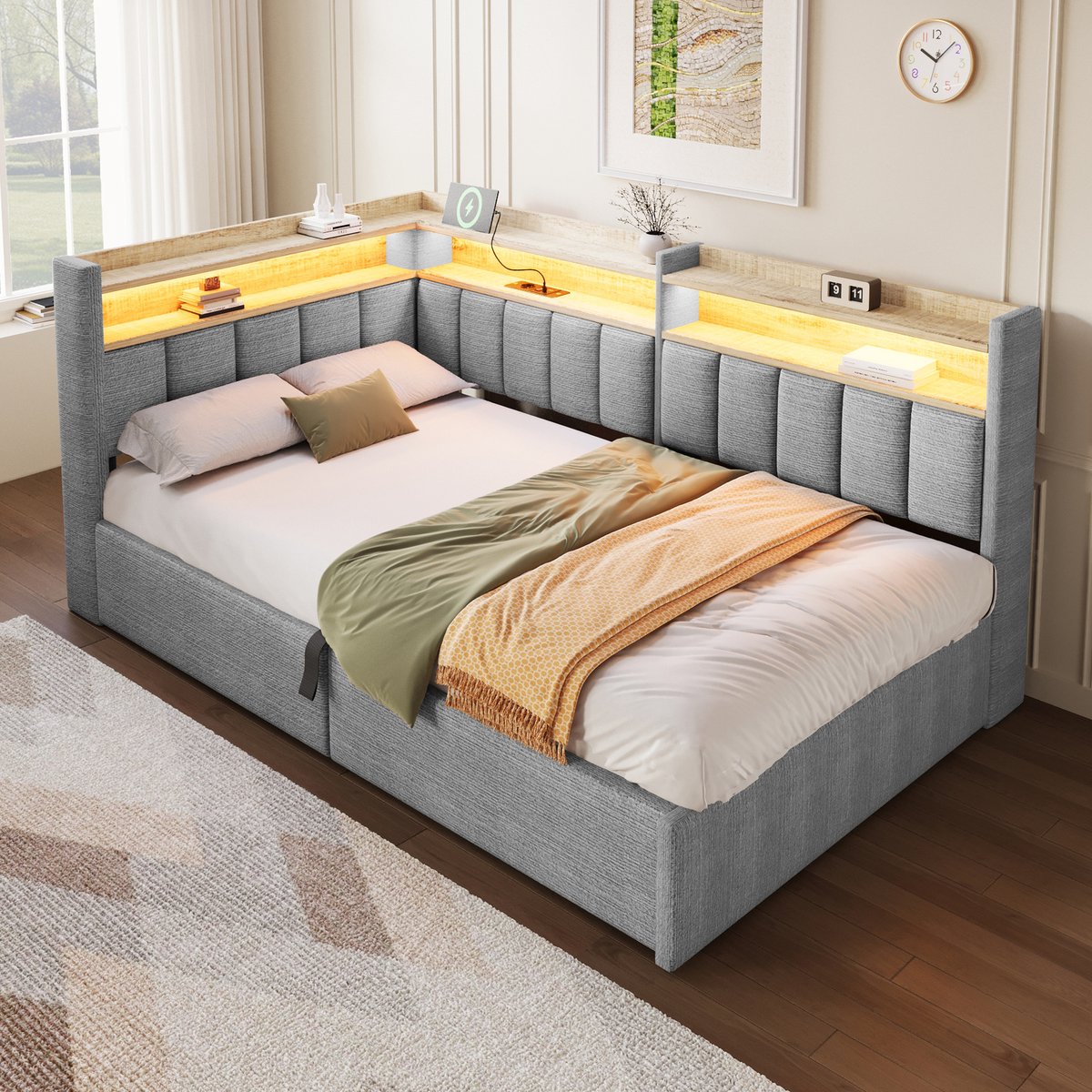 Merax Slaapbank 90 x 200 cm, met opbergruimte, LED-verlichting, USB-poort, zonder matras, fluweel, grijs