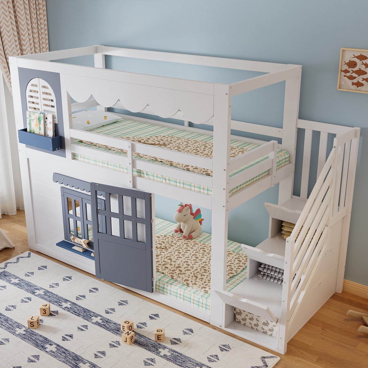 Merax Kinderbed - hoogslaper 90x200 cm - huisdesign - met opberstrap - met deur en raam - golvend dak - met opbergruimte - wit - zonder matras