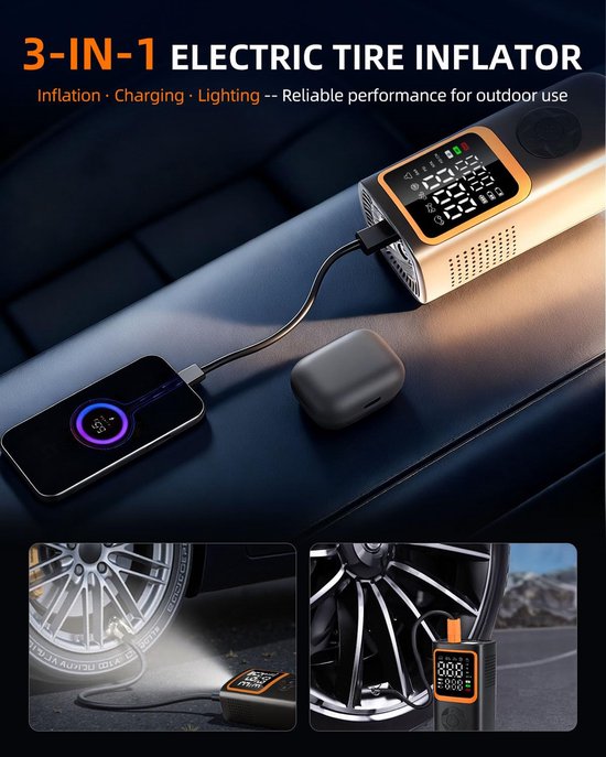 Draagbare Elektrische Bandenpomp - Draadloze Mini Compressieve Noodaccu (6000mAh) - 150 PSI Met LED Lamp & Powerbank Functie - Voor Auto, Fiets & Bal — afbeelding 5