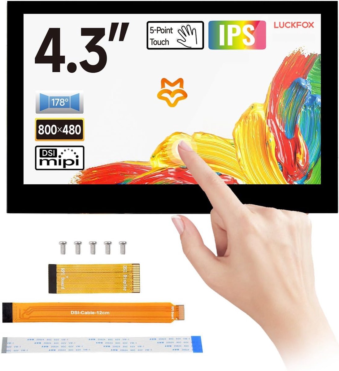 SnelShoppen - 4.3 inch DSI Touch Screen voor Raspberry Pi 5/4B/CM4/CM3 - Capacitive Touch, 800x480, Toughened Glass, Ideaal voor 3D Printing en DIY Pr