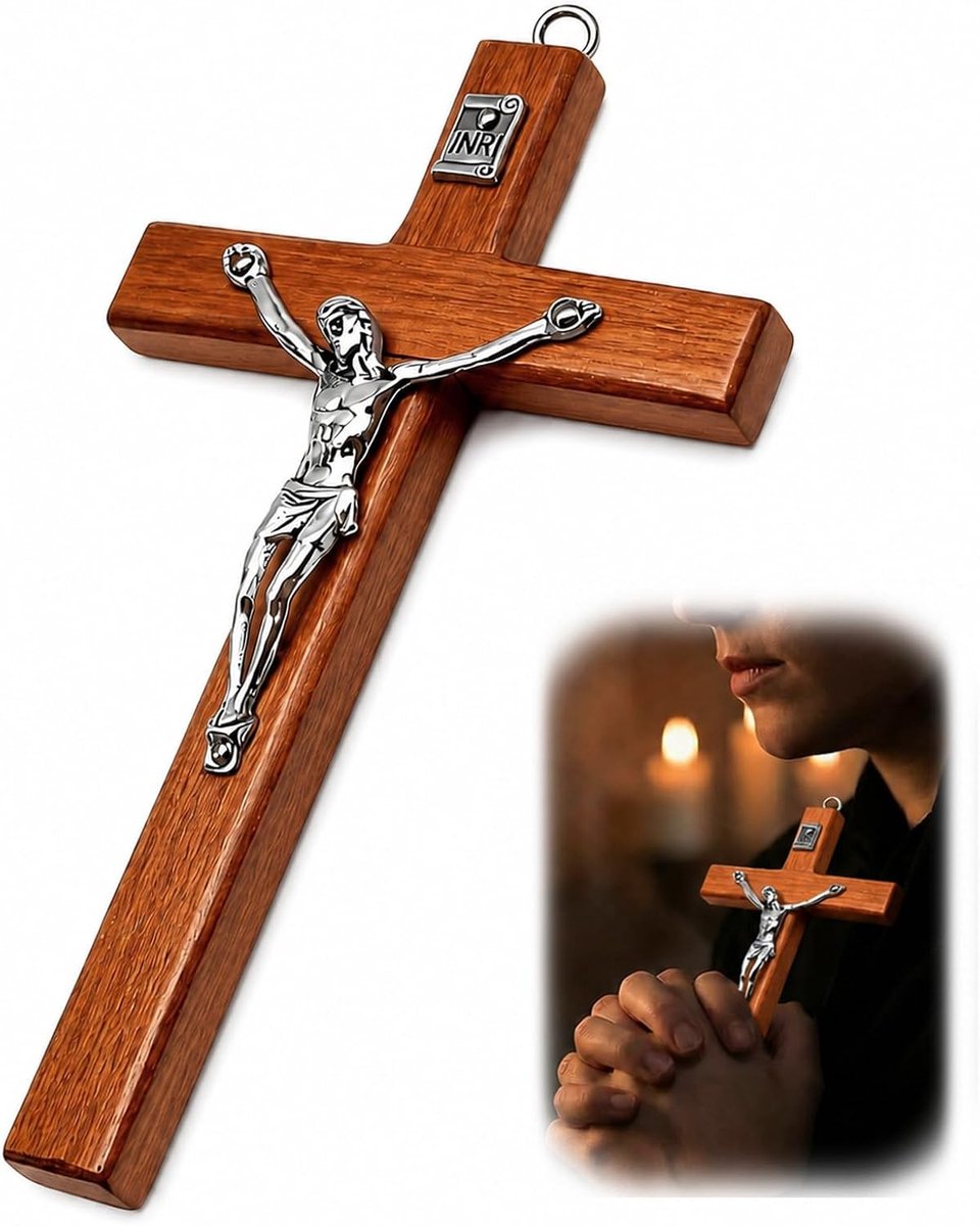 NYVOR Houten kruis, 7 x 12,5 cm, kruis met ophanggat voor aan de muur, reliëfpatroon, Jezus kruis, houten cadeau - ShopVlot