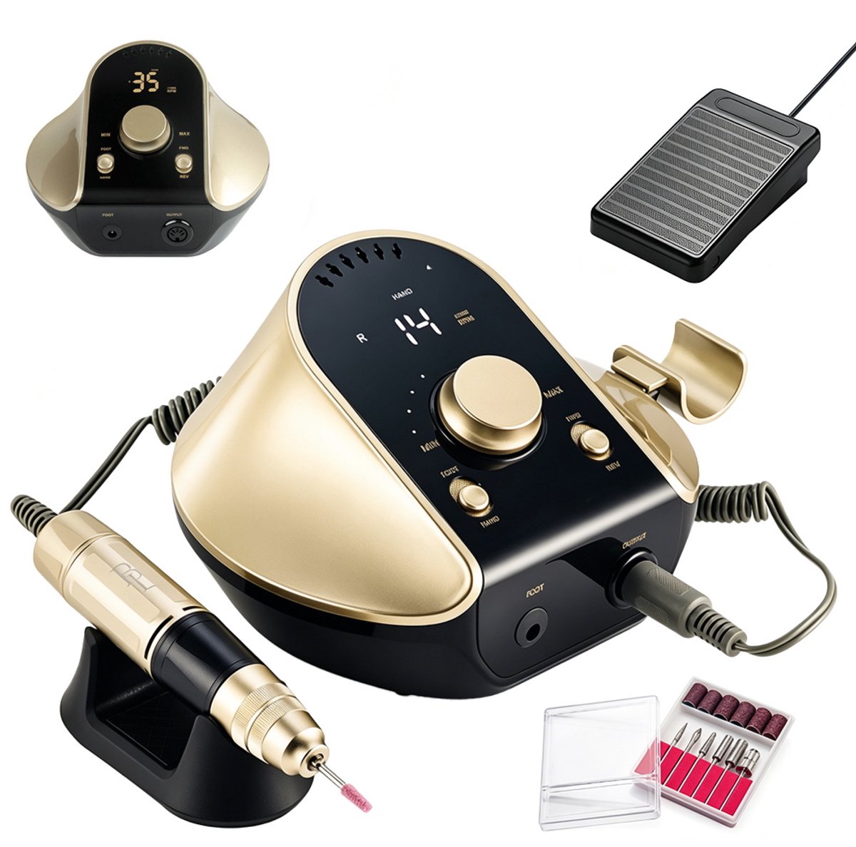 Professionele nagelvijlset – Elektrische nagelvijl – Nagels verwijderen, polijsten en boenen – Draadloos en oplaadbaar – Geschikt voor manicures en pedicures – 45 watt – 35.000 toeren per minuut – Speciaal voor salons – Goud