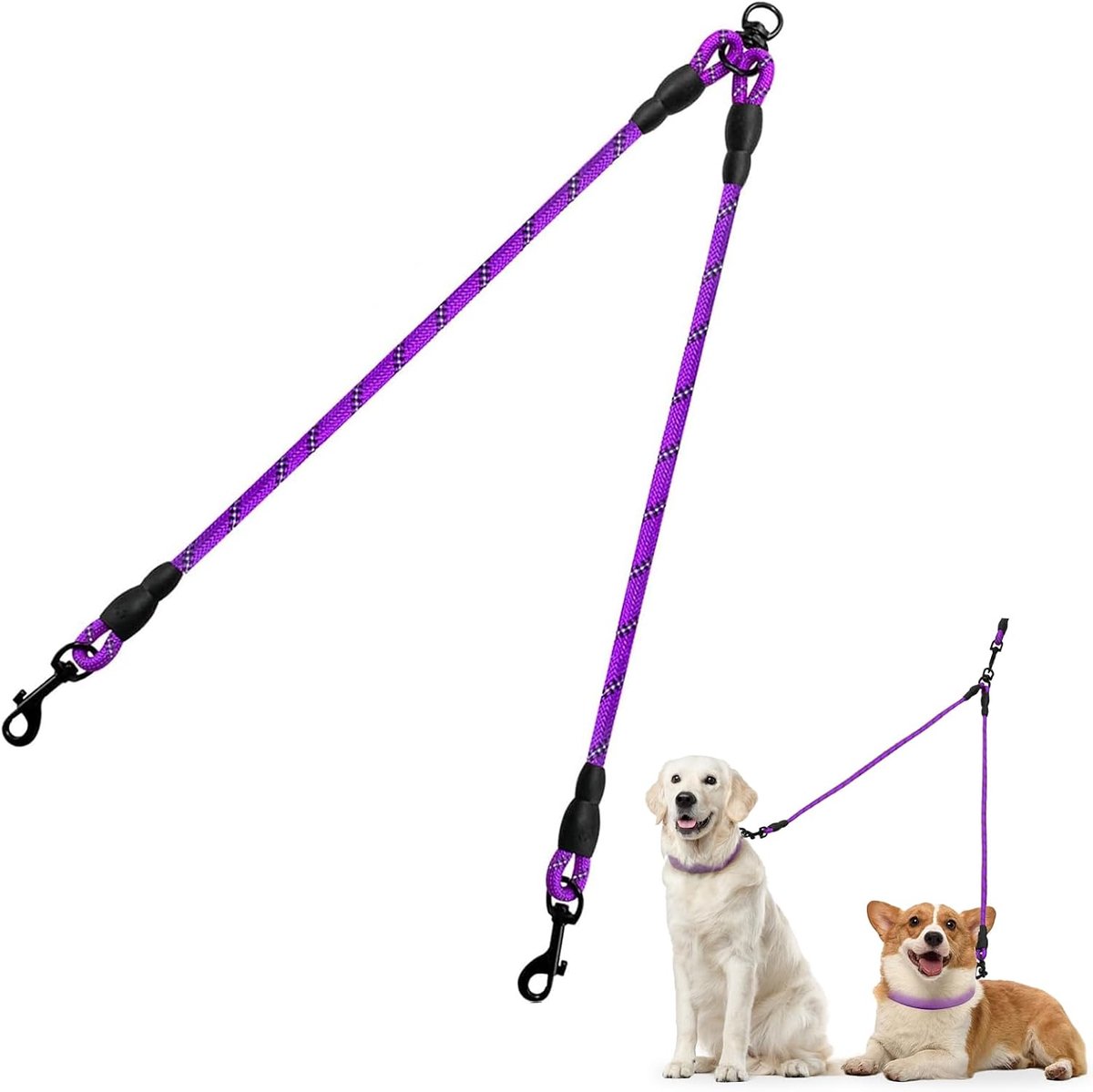 Dubbele hondenriemkoppeling voor twee honden - wirwar vrije hondenleiband, 76 cm, paars