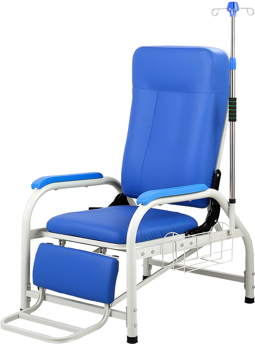 Vevor Medische Stoel met Infuusstandaard, Draagvermogen 181 Kg, Stalen Constructie, 90-160° Verstelbaar, met Gewatteerde Zitting, Voetensteun en Opbergmand, voor Ziekenhuizen en Verpleeghuizen Blauw