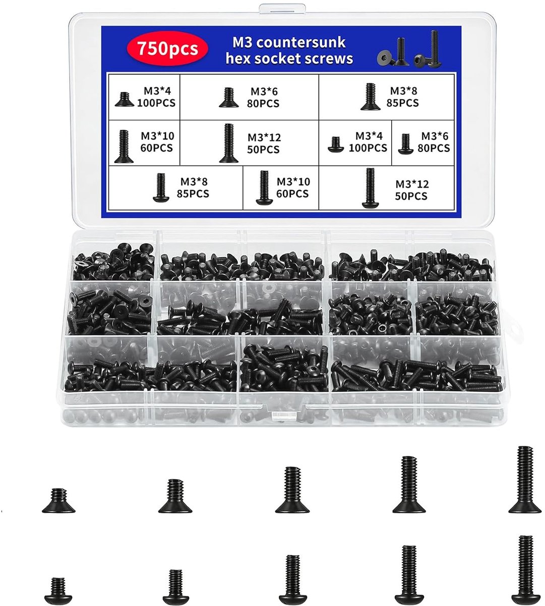 750 stuks M3-schroeven, bouten en moeren, platte verzonken schroevenset met binnenzeskant en cilinderkopschroeven, set met binnenzeskant, inbusschroeven voor 3D-drukmachines