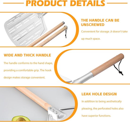 135 cm, duurzame afwerking, geperforeerde pizzaschuiver, pizzaschuiver voor pizzasteen, keuken en bakken, aluminium pizzaschep met 2 afneembare handgrepen — afbeelding 3