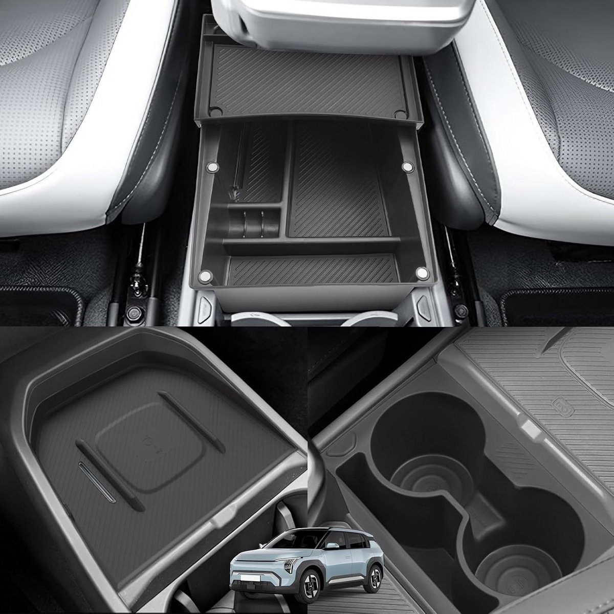 [3-delig] GAFAT Compatibel met Kia EV3 GT Line Earth 2025 2026 Middenconsole Organizer Set, 1 onderste lade (beweegbare bovenkant) van ABS, 1 bekerhouder van TPE, 1 laadmat van siliconen