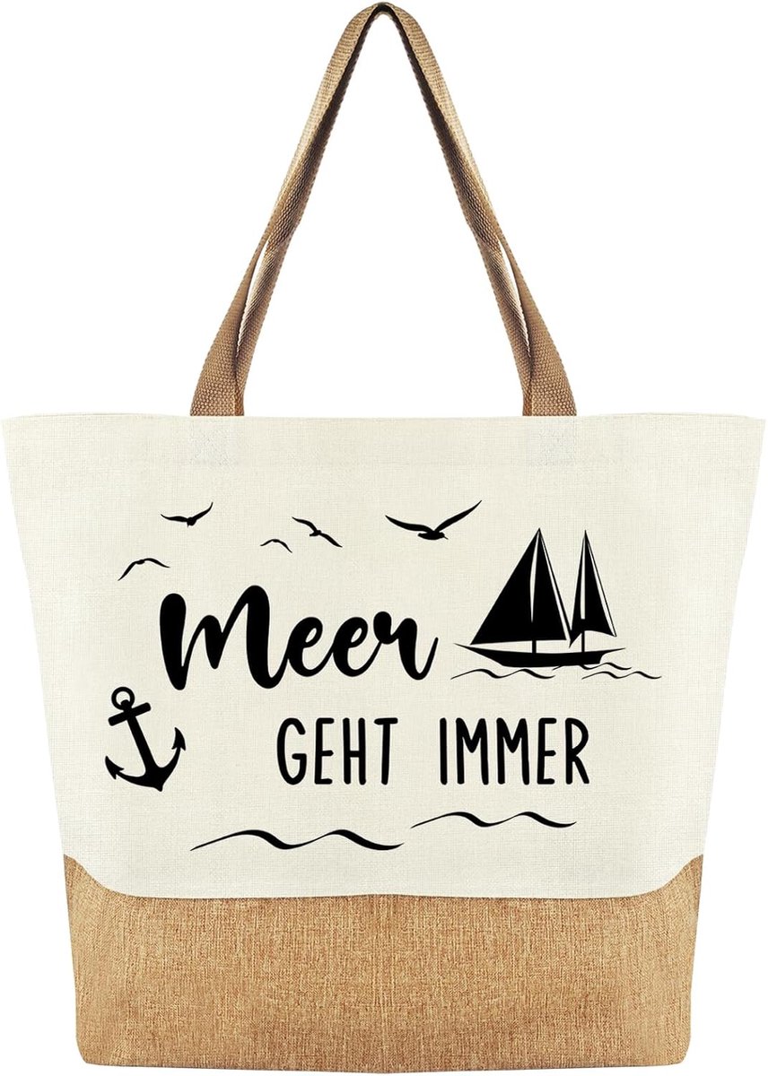Jute tas dames met spreuk Meer geht immer jute tas maritieme jute tas shopper dames grote strandtas voor vrouwen cadeau voor strandliefhebbers