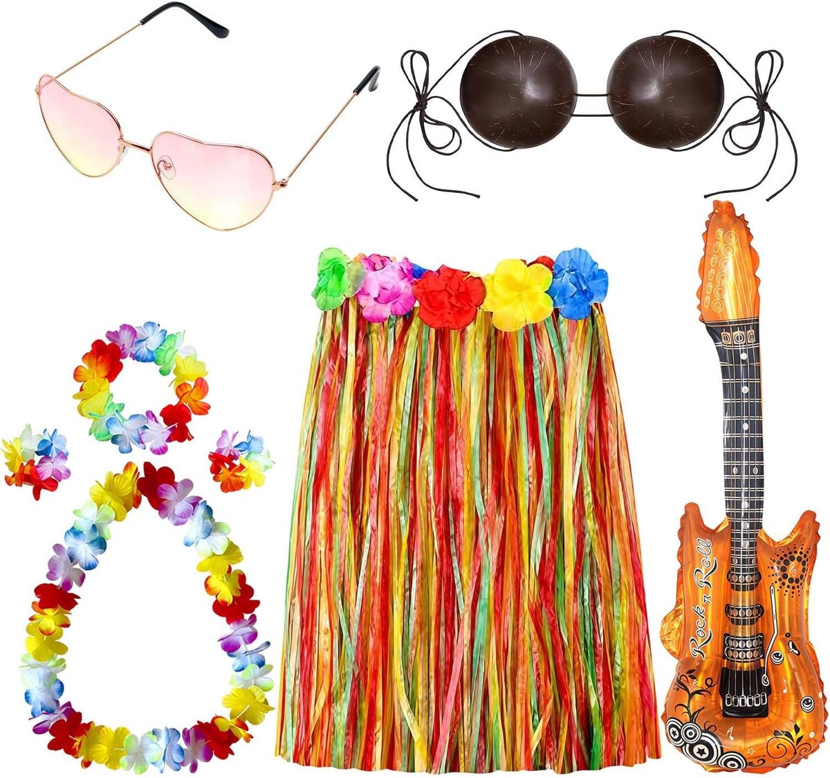Kostuum voor dames en heren, Hula-gras, Hawaï-kostuum met zonnebrilslinger, Hawaii-feestdecoratie, zomer, strand, tropisch feest